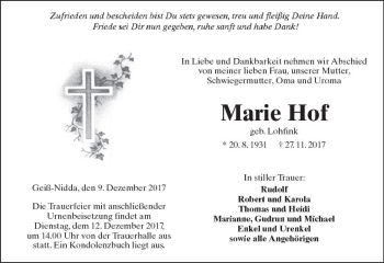 Traueranzeige von Marie Hof von  Kreisanzeiger