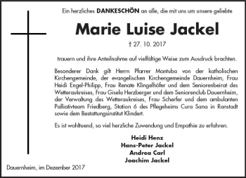 Traueranzeige von Marie Luise Jackel von  Kreisanzeiger