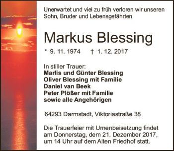 Traueranzeige von Markus Blessing von Trauerportal Echo Online