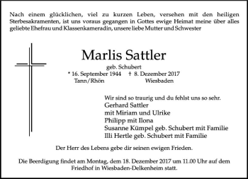 Traueranzeige von Marlis Sattler von Trauerportal Rhein Main Presse