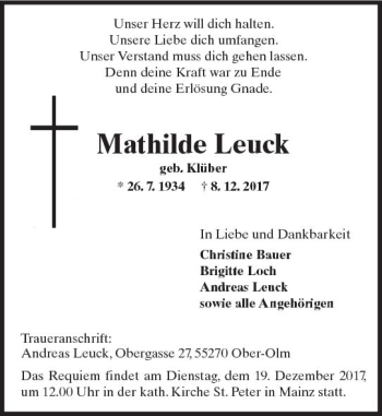 Traueranzeige von Mathilde Leuck von Trauerportal Rhein Main Presse