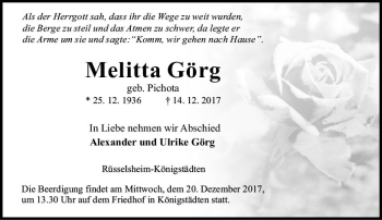 Traueranzeige von Melitta Görg von Trauerportal Rhein Main Presse