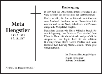 Traueranzeige von Meta Hengstler von Trauerportal Rhein Main Presse