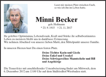 Traueranzeige von Minni Becker von Trauerportal Rhein Main Presse