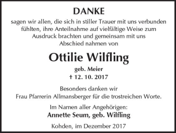 Traueranzeige von Ottilie Wilfling von  Kreisanzeiger
