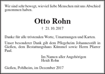 Traueranzeige von Otto Rohn von  Gießener Anzeiger