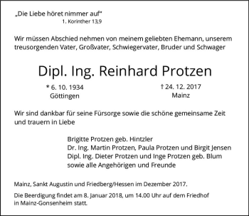 Traueranzeige von Reinhard Protzen von Trauerportal Rhein Main Presse