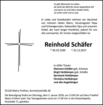 Traueranzeige von Reinhold Schäfer von Trauerportal Rhein Main Presse