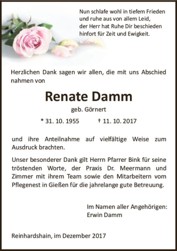 Traueranzeige von Renate Damm von  Gießener Anzeiger