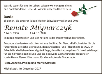 Traueranzeige von Renate Mlynarczyk von Trauerportal Echo Online