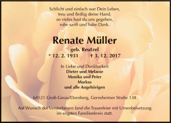 Traueranzeige von Renate Müller von Trauerportal Echo Online