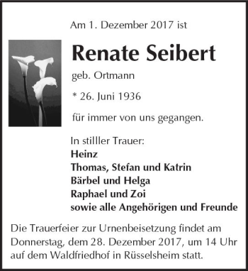 Traueranzeige von Renate Seibert von Trauerportal Rhein Main Presse