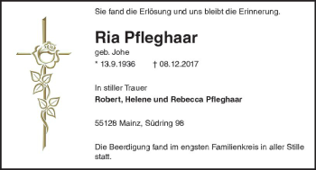 Traueranzeige von Ria Pfleghaar von Trauerportal Rhein Main Presse