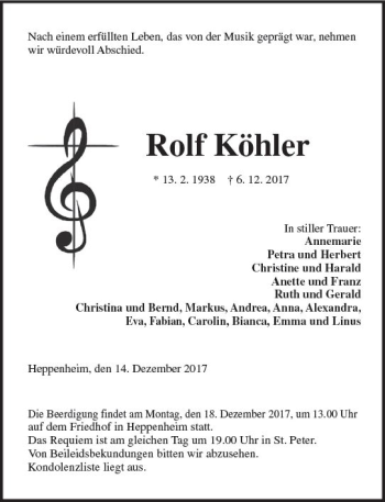 Traueranzeige von Rolf Köhler von Trauerportal Echo Online