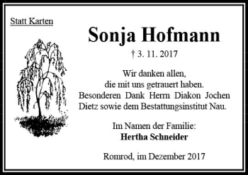 Traueranzeige von Sonja Hofmann von VRM Trauer