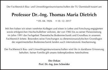 Traueranzeige von Thomas Maria Dietrich von Trauerportal Echo Online