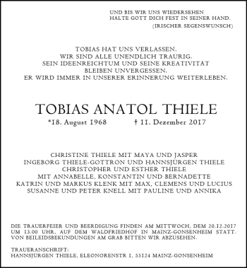 Traueranzeige von Tobias Anatol Thiele von Trauerportal Rhein Main Presse