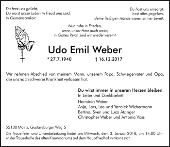Traueranzeige von Udo Emil Weber von Trauerportal Rhein Main Presse
