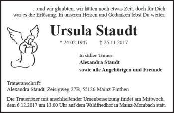 Traueranzeige von Ursula Staudt von Trauerportal Rhein Main Presse