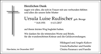Traueranzeige von Ursula Luise Rudischer von Trauerportal Rhein Main Presse