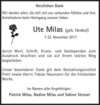 Traueranzeige von Ute Milas von Trauerportal Rhein Main Presse
