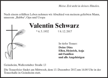 Traueranzeige von Valentin Schwarz von Trauerportal Echo Online