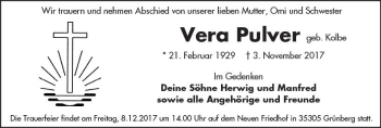 Traueranzeige von Vera Pulver von Trauerportal Echo Online