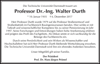 Traueranzeige von Walter Durth von Trauerportal Echo Online