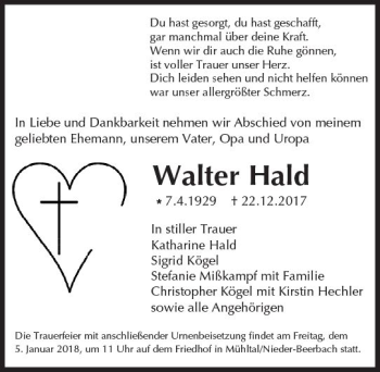 Traueranzeige von Walter Hald von Trauerportal Echo Online