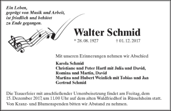 Traueranzeige von Walter Schmid von Trauerportal Rhein Main Presse