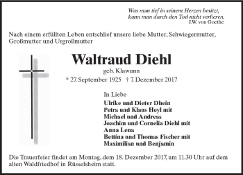 Traueranzeige von Waltraud Diehl von Trauerportal Rhein Main Presse