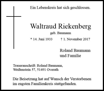 Traueranzeige von Waltraud Riekenberg von Trauerportal Echo Online