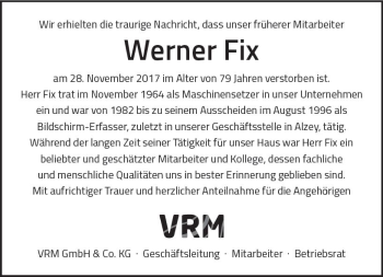 Traueranzeige von Werner Fix von Trauerportal Rhein Main Presse