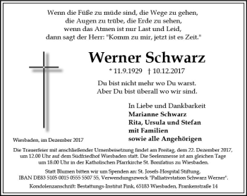 Traueranzeige von Werner Schwarz von Trauerportal Rhein Main Presse