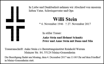 Traueranzeige von Willi Stein von Trauerportal Rhein Main Presse