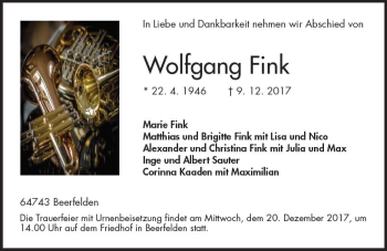 Traueranzeige von Wolfgang Fink von Trauerportal Echo Online