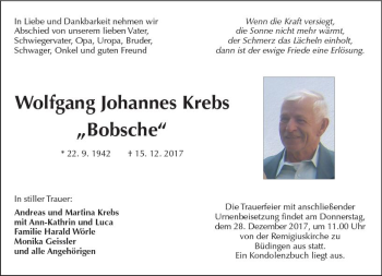 Traueranzeige von Wolfgang Johannes Krebs von  Kreisanzeiger