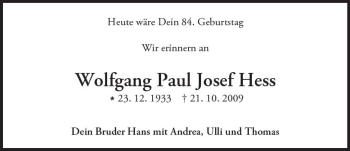 Traueranzeige von Wolfgang Paul Josef Hess von Trauerportal Echo Online
