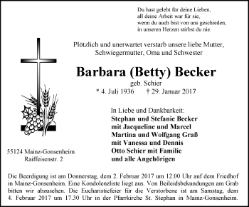 Traueranzeige von Barbara Betty Becker von Trauerportal Rhein Main Presse