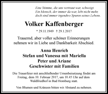 Traueranzeige von Volker Kaffenberger von  Usinger Anzeiger
