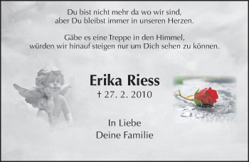 Traueranzeige von Erika Riess von  Gießener Anzeiger