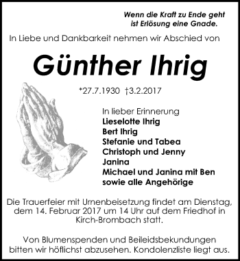 Traueranzeige von Günther Ihrig von Trauerportal Echo Online