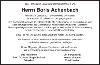 Traueranzeige von Boris Achenbach von Trauerportal Echo Online