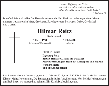 Traueranzeige von Hilmar Reitz von Trauerportal Rhein Main Presse
