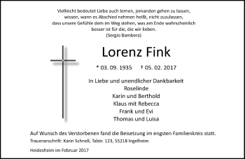 Traueranzeige von Lorenz Fink von Trauerportal Rhein Main Presse
