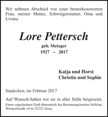 Traueranzeige von Lore Pettersch von Trauerportal Rhein Main Presse