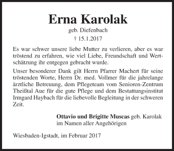 Traueranzeige von Erna Karolak von Trauerportal Rhein Main Presse Traueranzeige von Erna Karolak von Trauerportal Rhein Main Presse