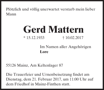 Traueranzeige von Gerd Mattern von Trauerportal Rhein Main Presse
