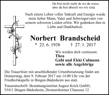 Traueranzeige von Norbert Brandscheid von Trauerportal Rhein Main Presse