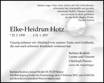 Traueranzeige von Elke-Heidrun Hotz von Trauerportal Rhein Main Presse